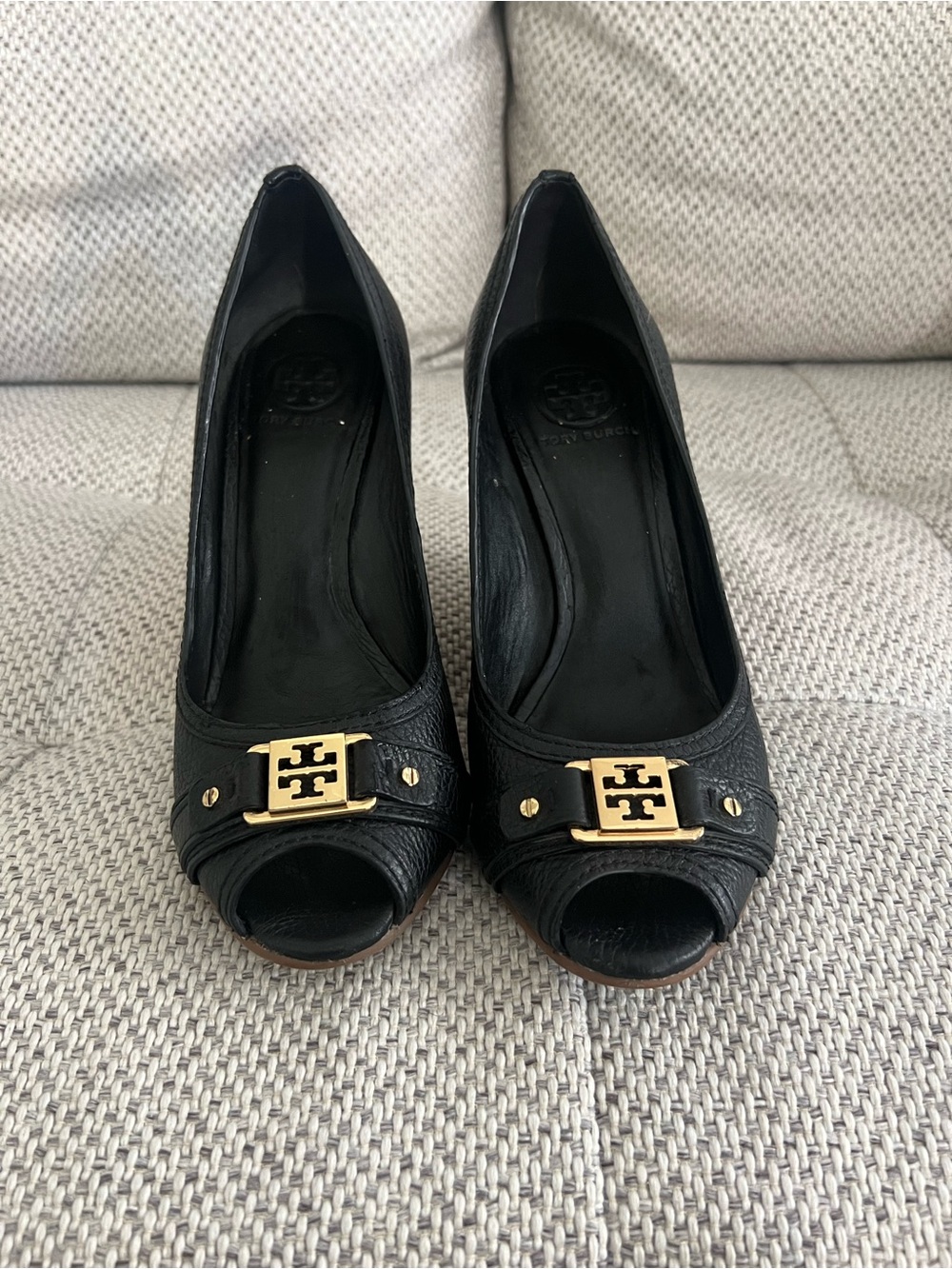 Tory Burch Black Leather Peep-Toe Heels with Gold Logo